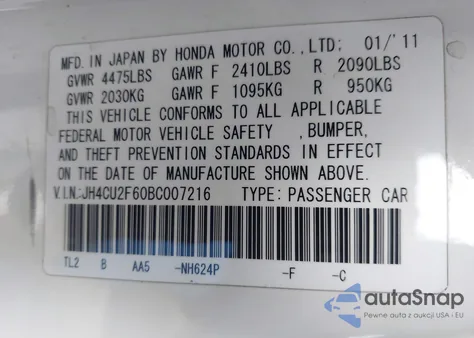 2011 Acura Tsx 2.4 from USA, damaged, VIN JH4CU2F60BC007216
